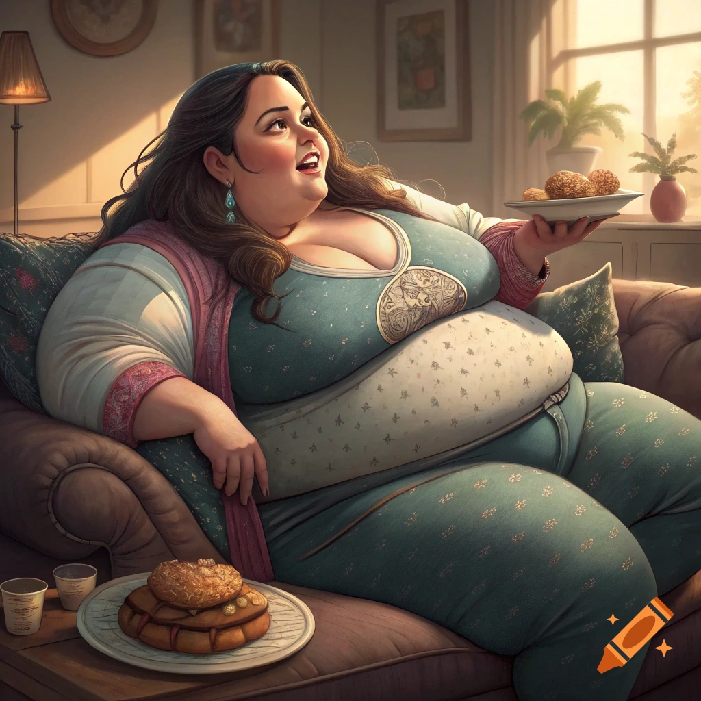 A large woman sits on a couch, eating.