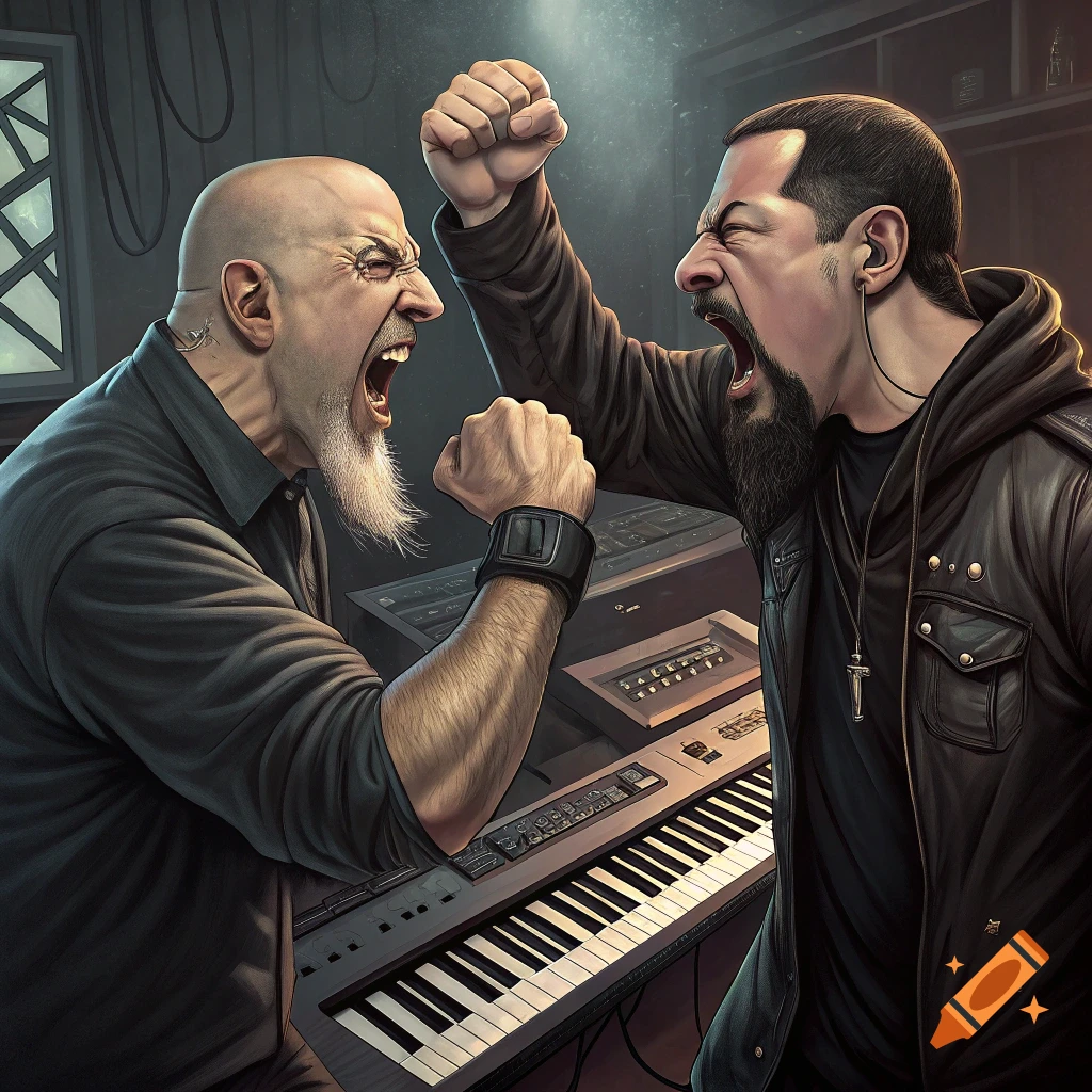 Two angry men shout and raise fists over keyboards in a music studio.