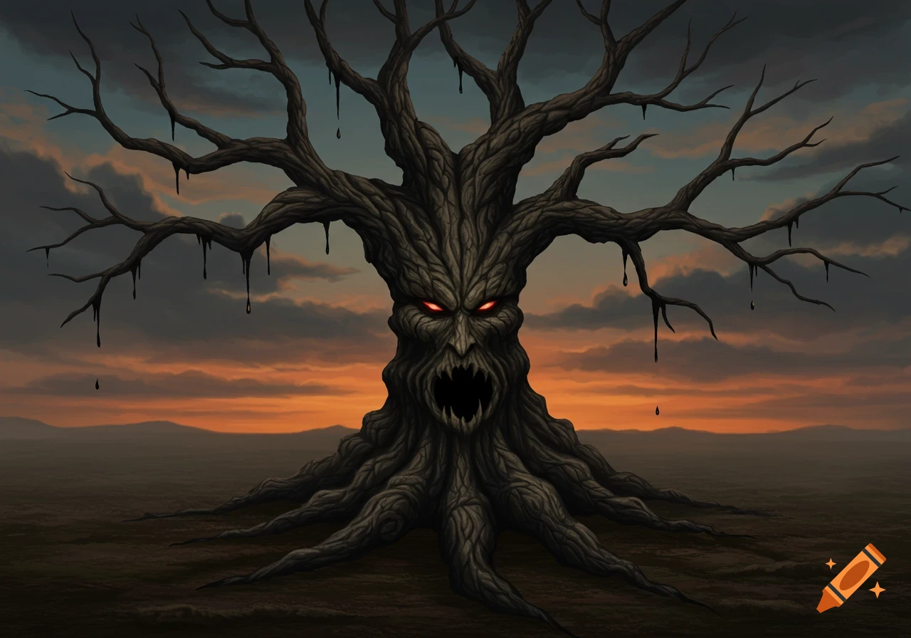 A dark, monstrous tree with a scary face and dripping branches stands in a desolate landscape at sunset.