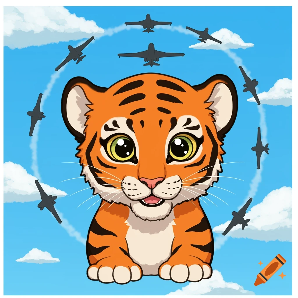 Cartoon baby tiger looking up at airplanes flying in a circle