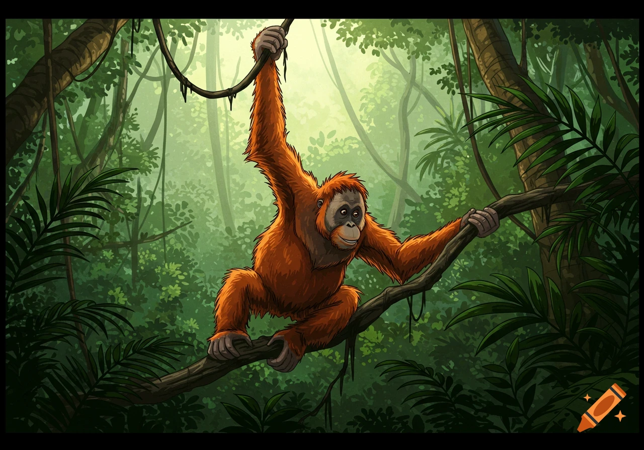 An orangutan hangs from a vine and branch in a green rainforest, illustration style.