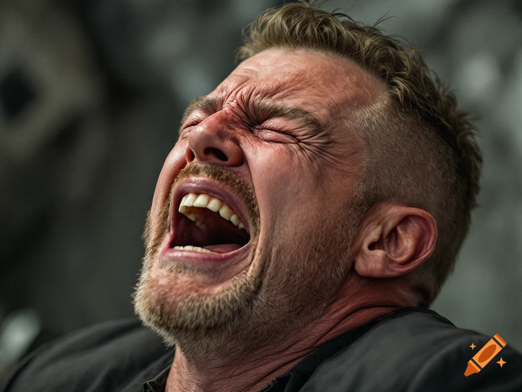 Close-up photorealistic portrait of a man with eyes squinted and mouth wide open in a scream or cry.