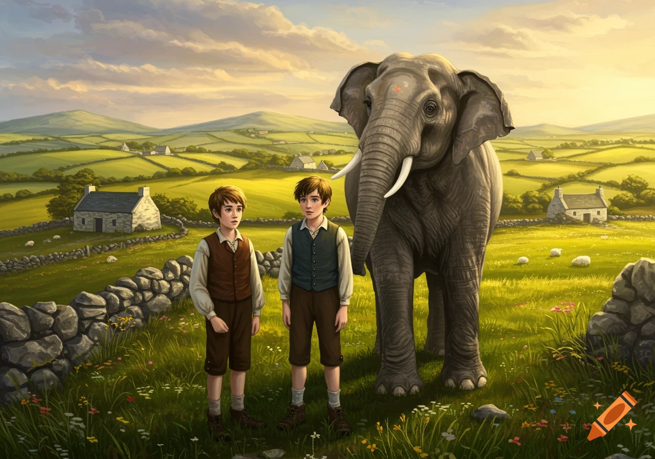 Two boys and an elephant stand in a rural Irish landscape with cottages and stone walls, painting style.
