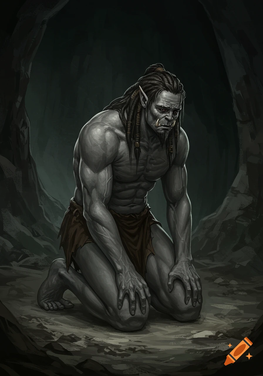 Grey orc with dreadlocks and loincloth kneels sadly in a cave, digital illustration