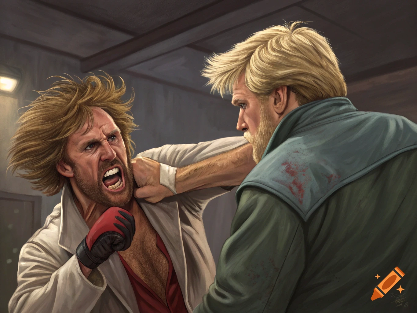 Illustration of two men fighting, one punching the other in the face.