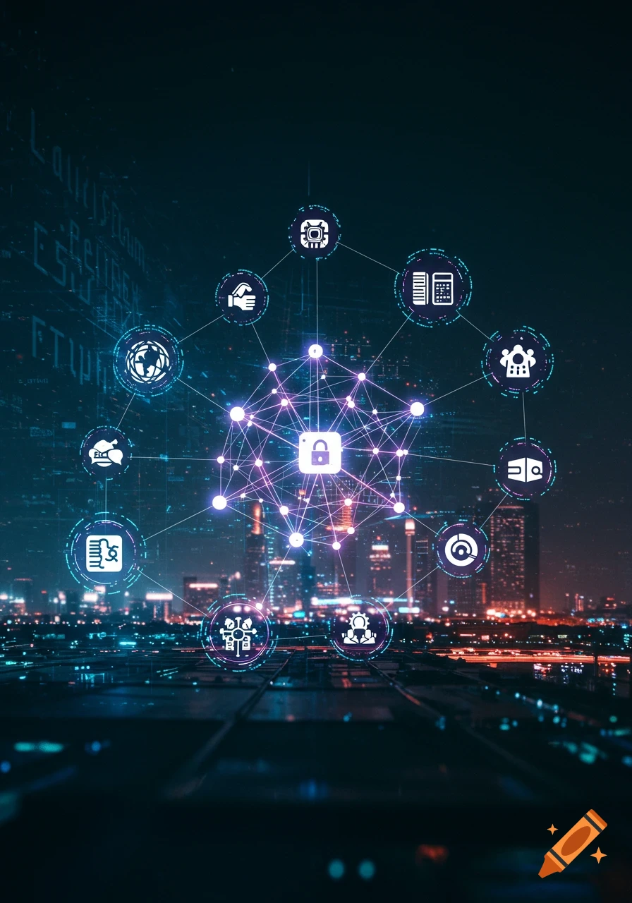 Futuristic network diagram with icons over a glowing city skyline at night.