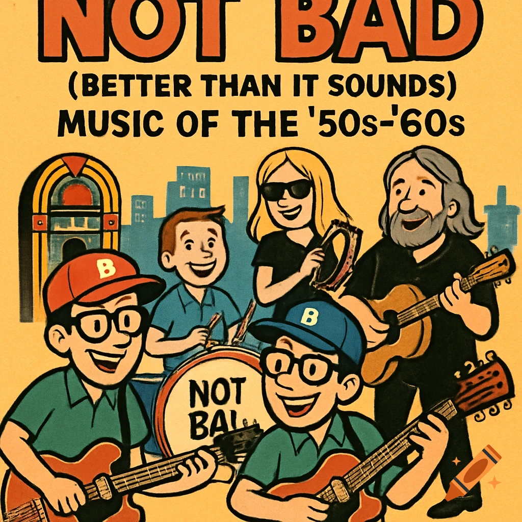 Cartoon promo image for a band called Not Bad, featuring five band members playing instruments. Text reads "NOT BAD" and "MUSIC OF THE '50s-'60s". A jukebox and cityscape are in the background.