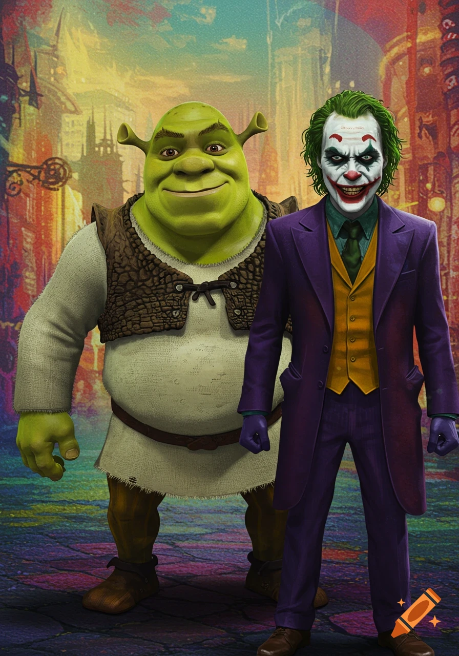 Shrek stands next to the Joker in a stylized urban setting.