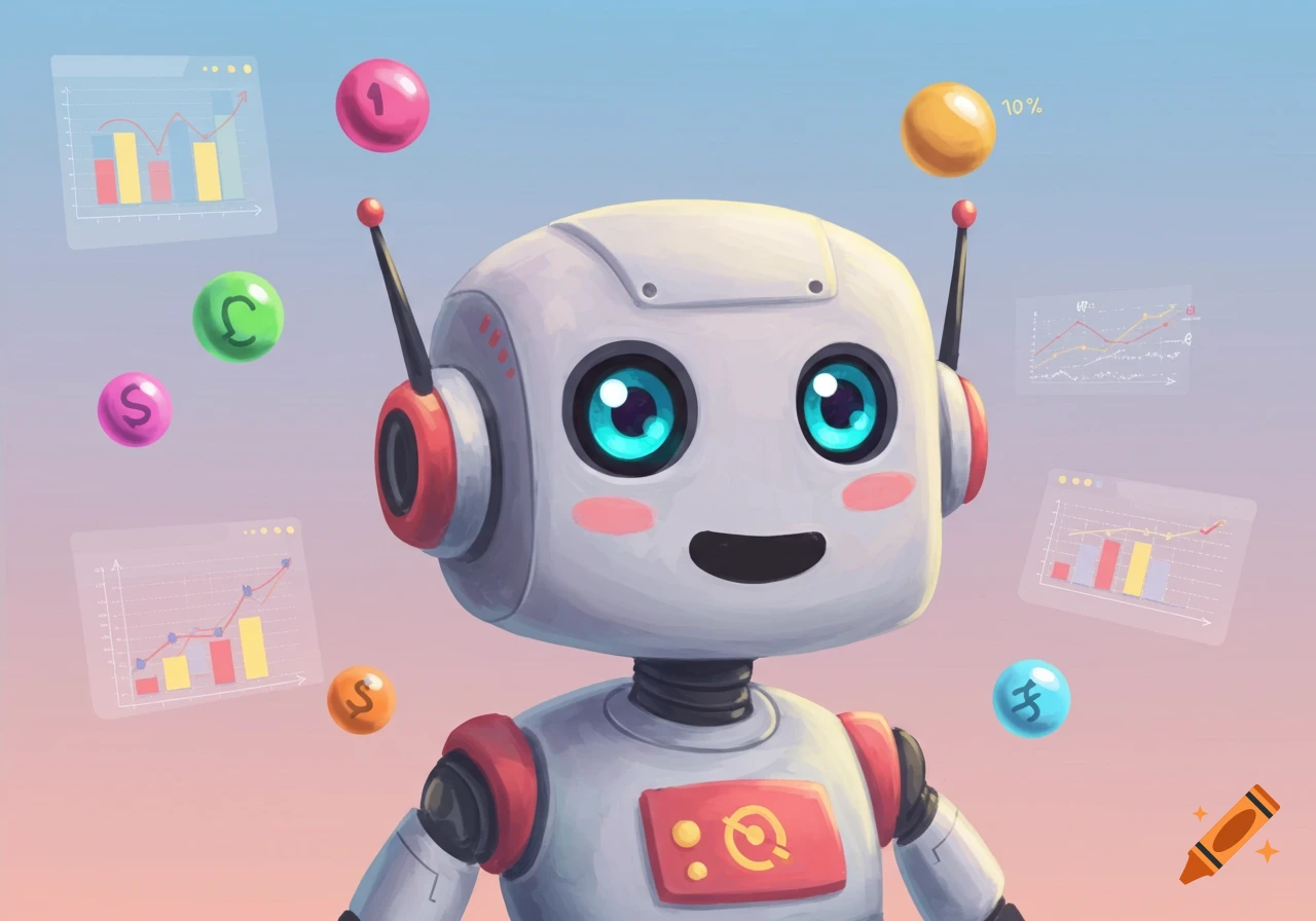 Cute illustration of a robot juggling data symbols with charts floating nearby.