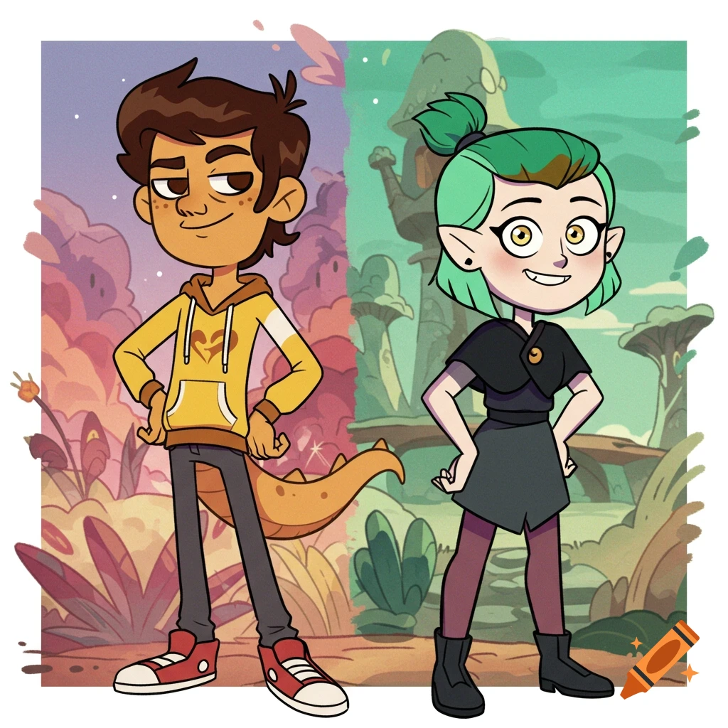 Two cartoon characters, a boy with a dragon tail and a girl with green hair, stand side-by-side in a split background.