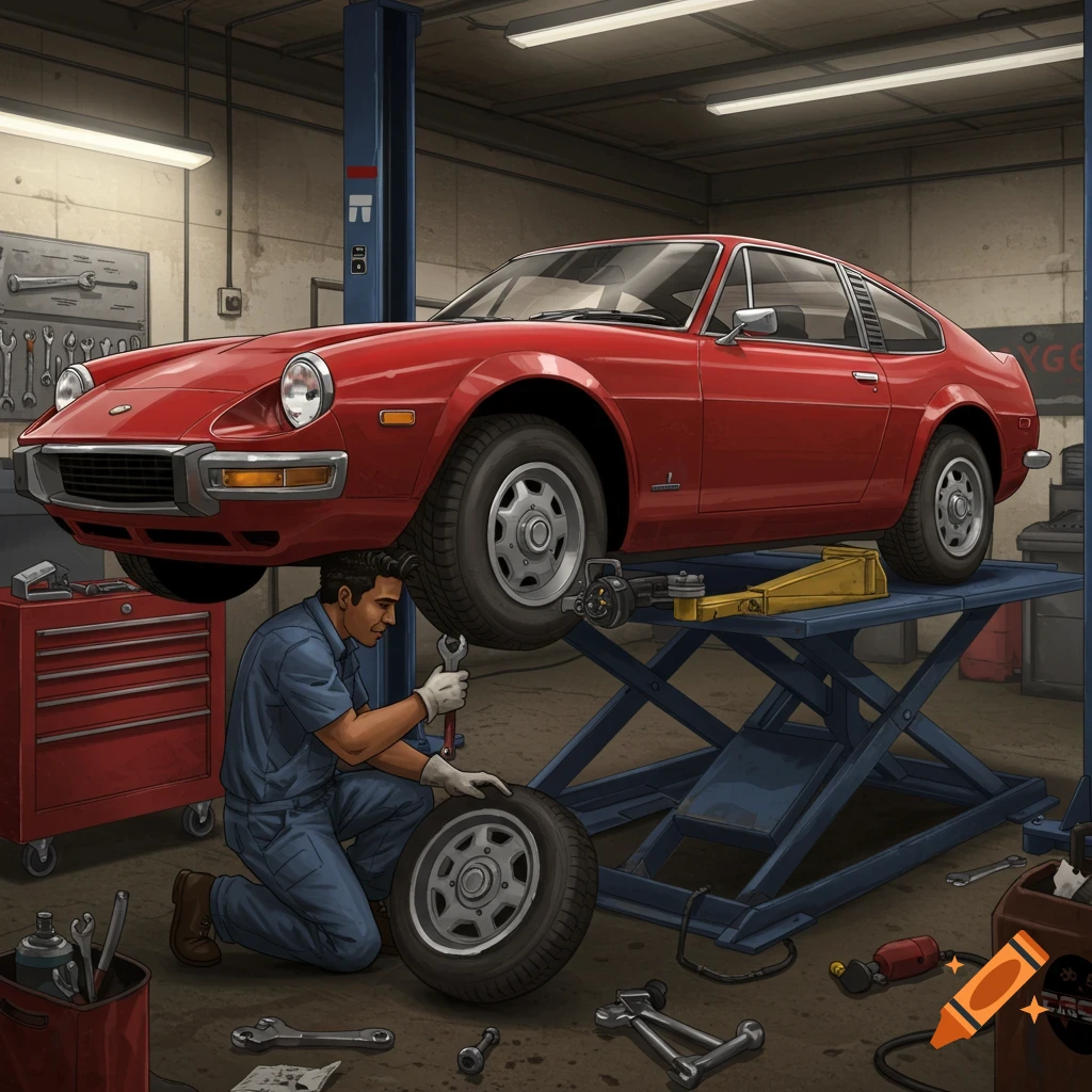 A mechanic kneels to change a tire on a red sports car lifted on a hydraulic lift in a garage.