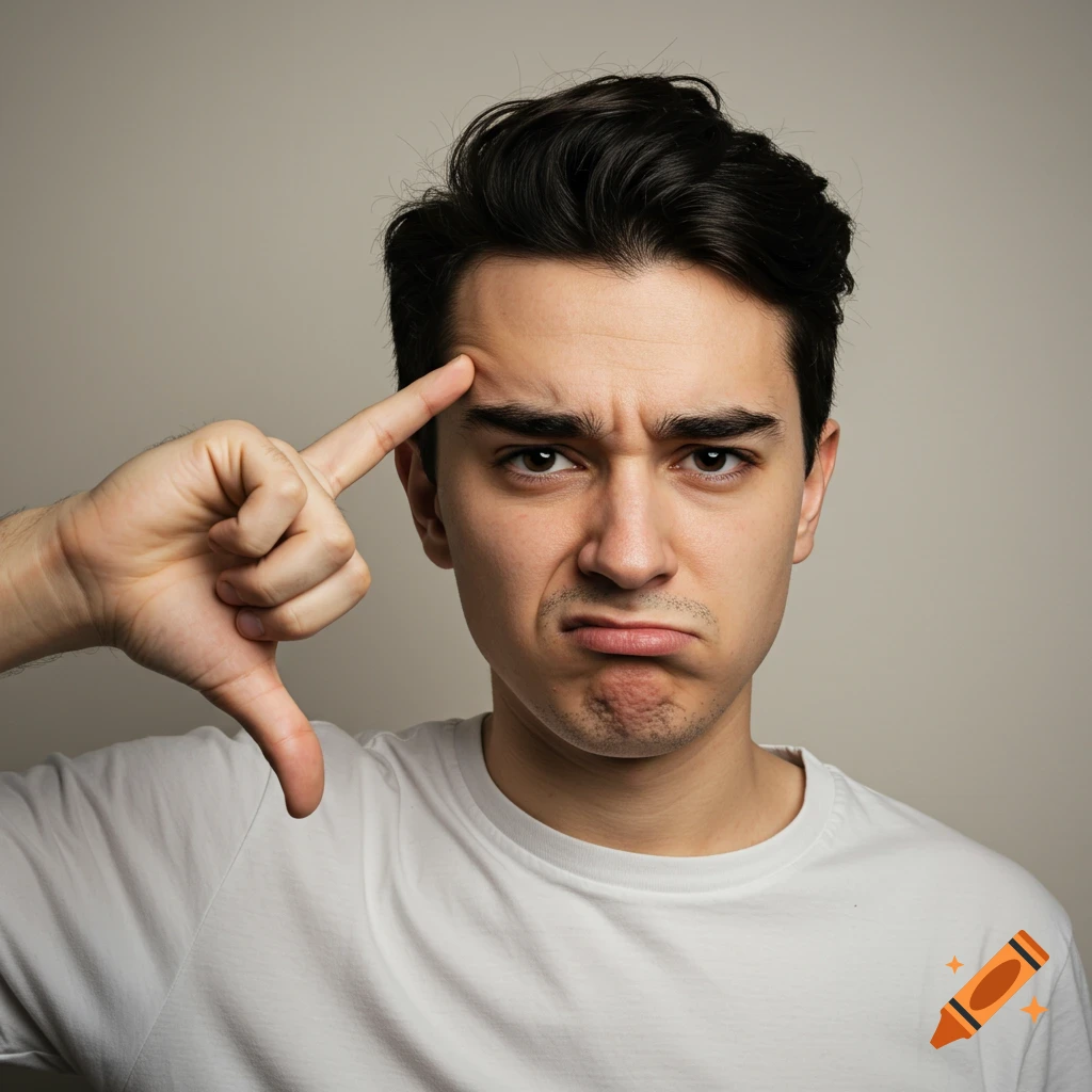 Close-up portrait of a young man frowning, pointing at his forehead and giving a thumbs down.