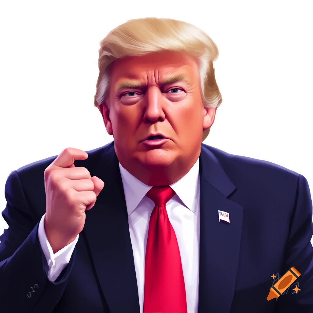 Illustration of Donald Trump in a suit, pointing forward.