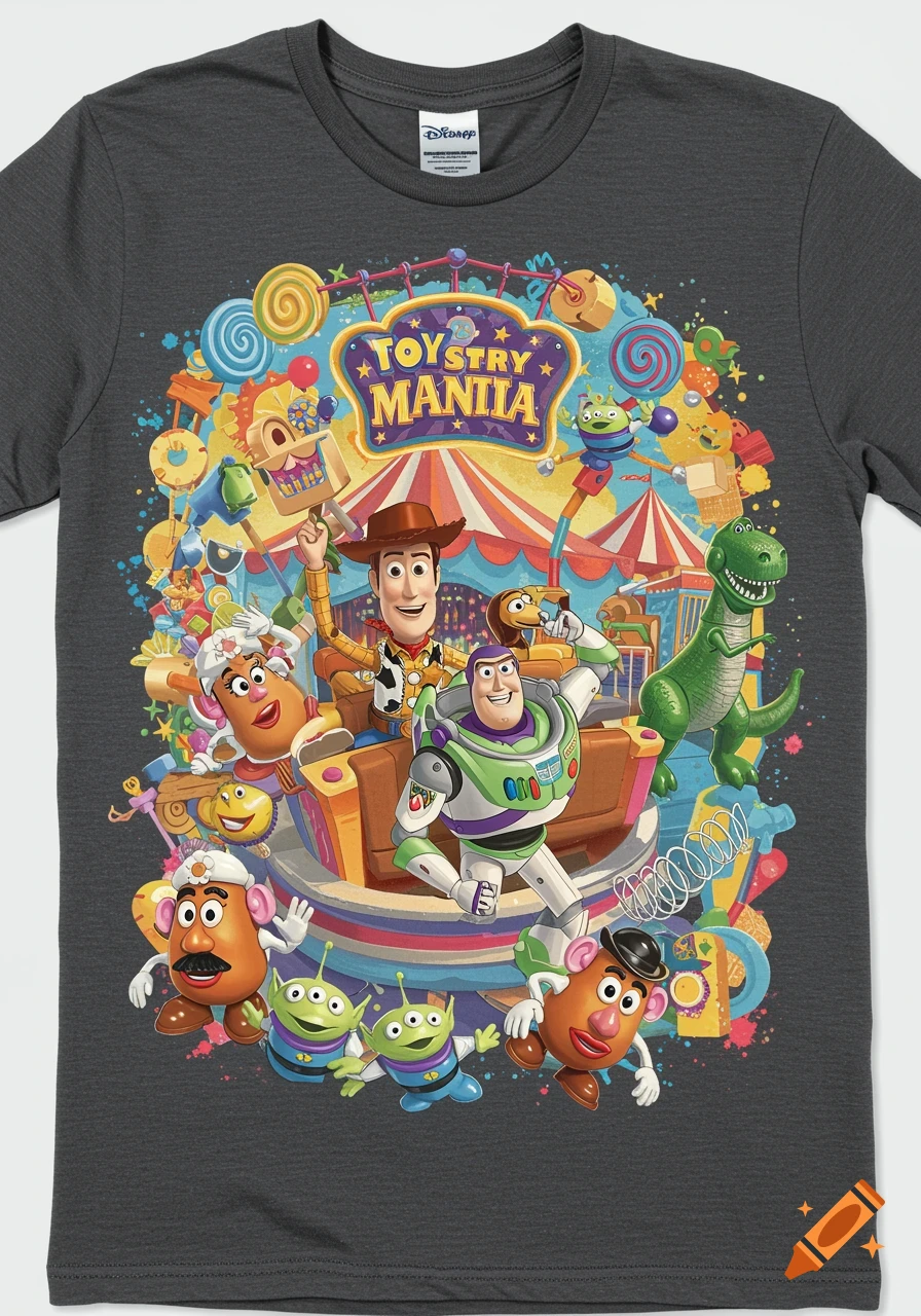 Toy Story characters on a theme park ride on a dark grey t-shirt design
