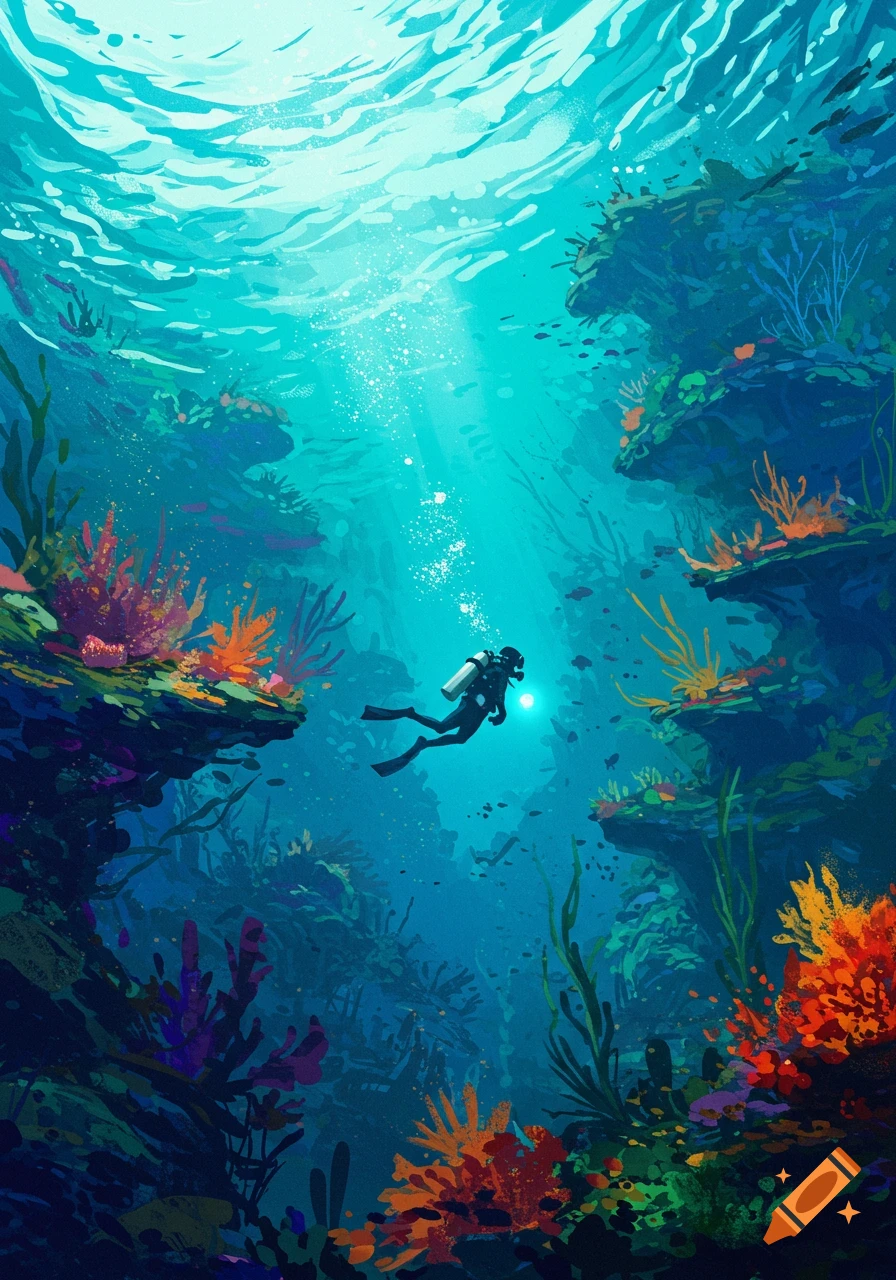 Scuba diver explores vibrant coral reef underwater in an abstract acrylic painting style.