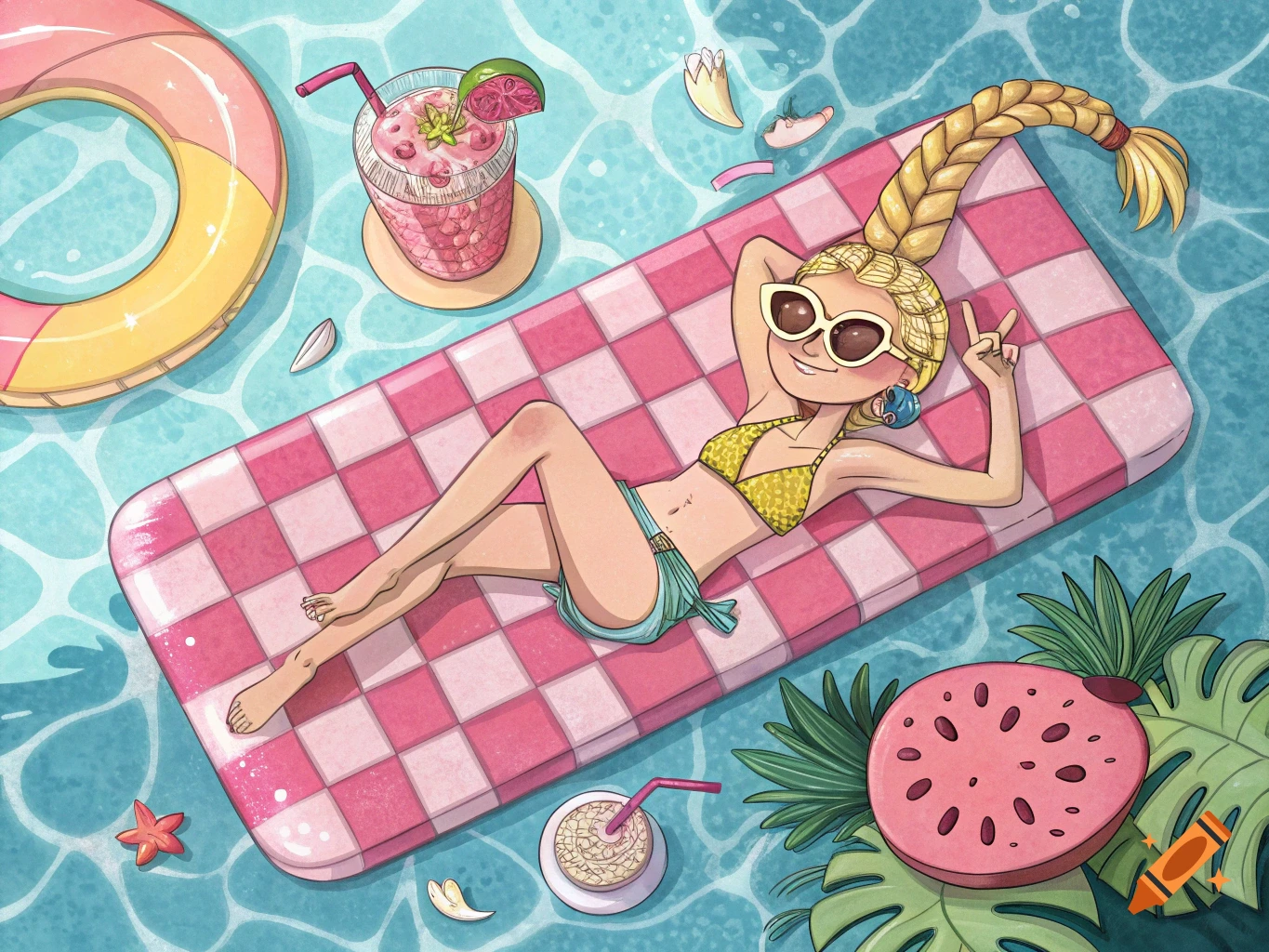 Cartoon girl in bikini floating on a pink checkered raft in a pool with drinks and tropical items.
