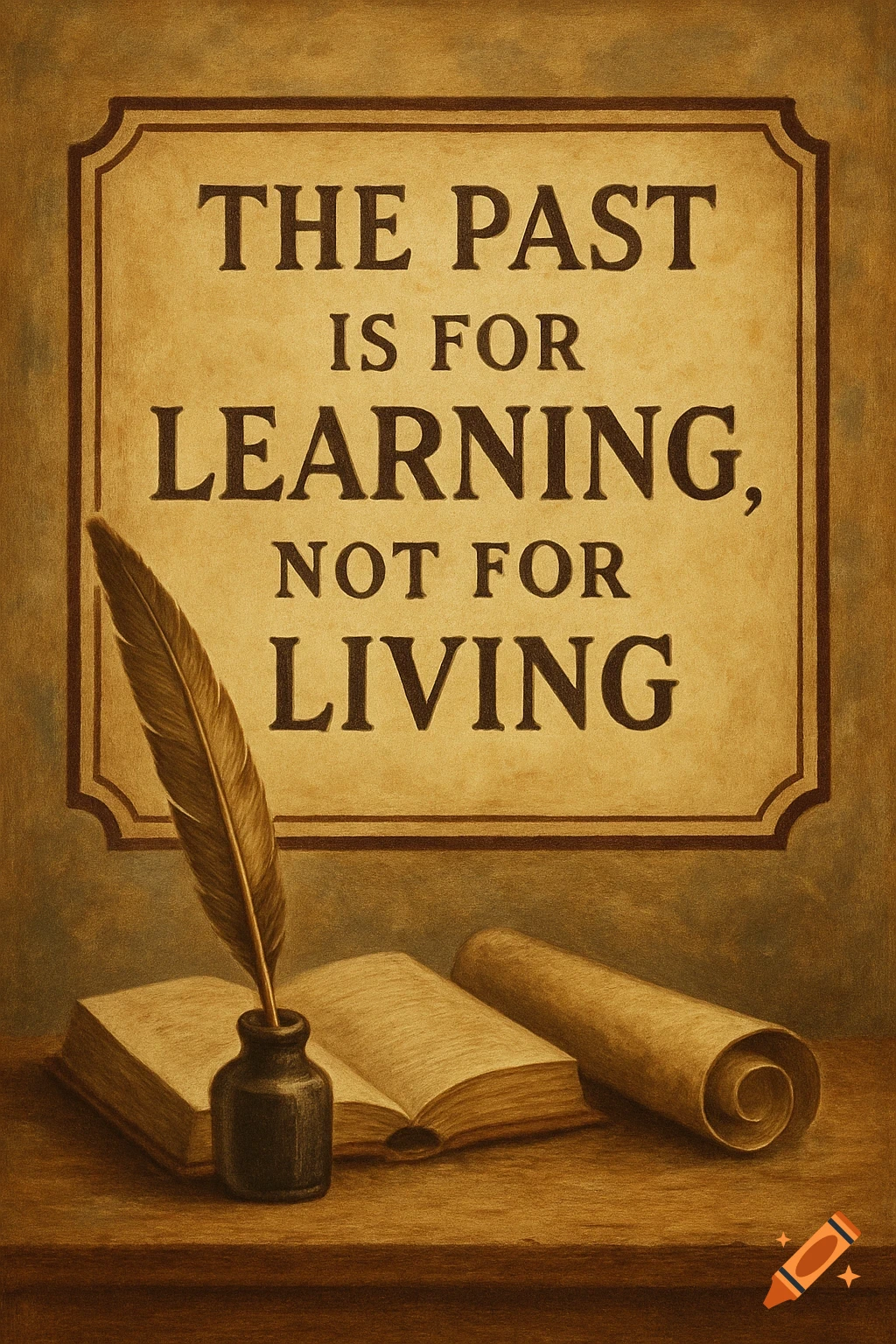 Still life with a sign saying 'The past is for learning, not for living', a quill pen, inkwell, book, and scroll in a painterly style.