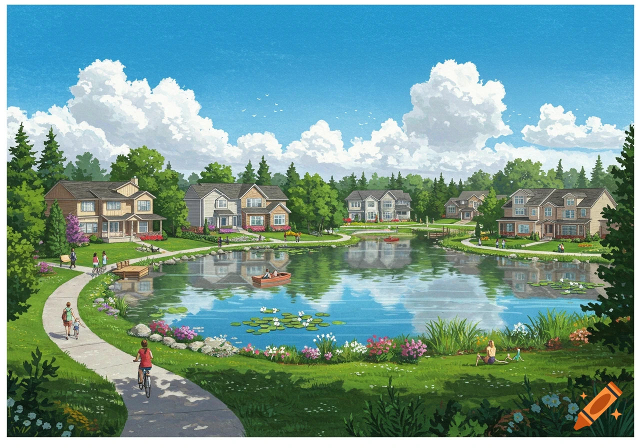 Illustration of a suburban neighborhood with houses, a lake, and people walking and biking on a sunny day.