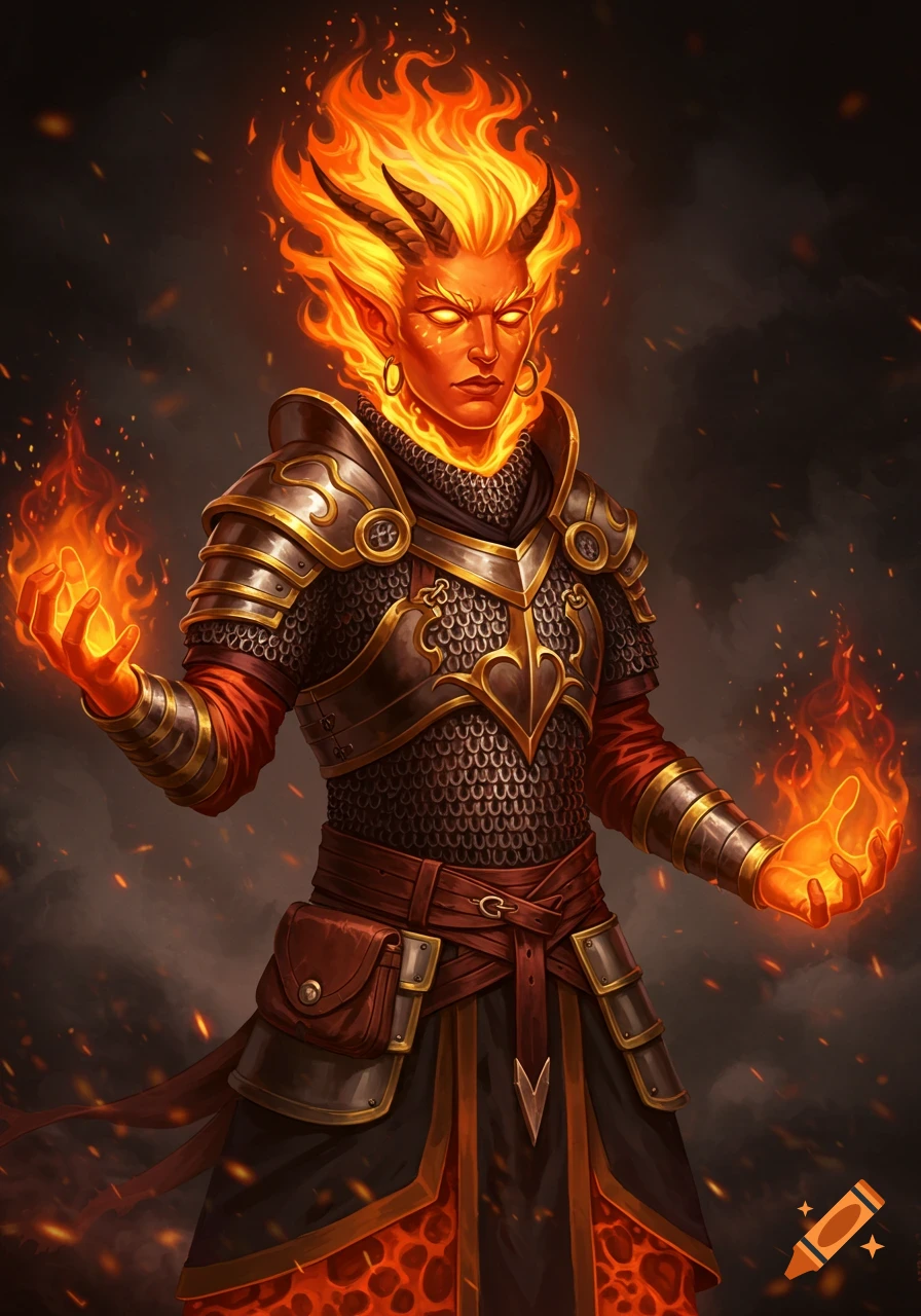 A fire genasi sorcerer in chainmail armor casting spells, digital painting.