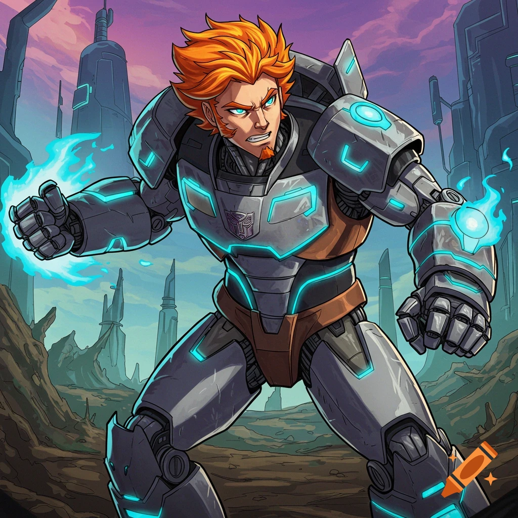 Anime character Galo Thymos in Autobot armor powering up hands in a sci-fi landscape.