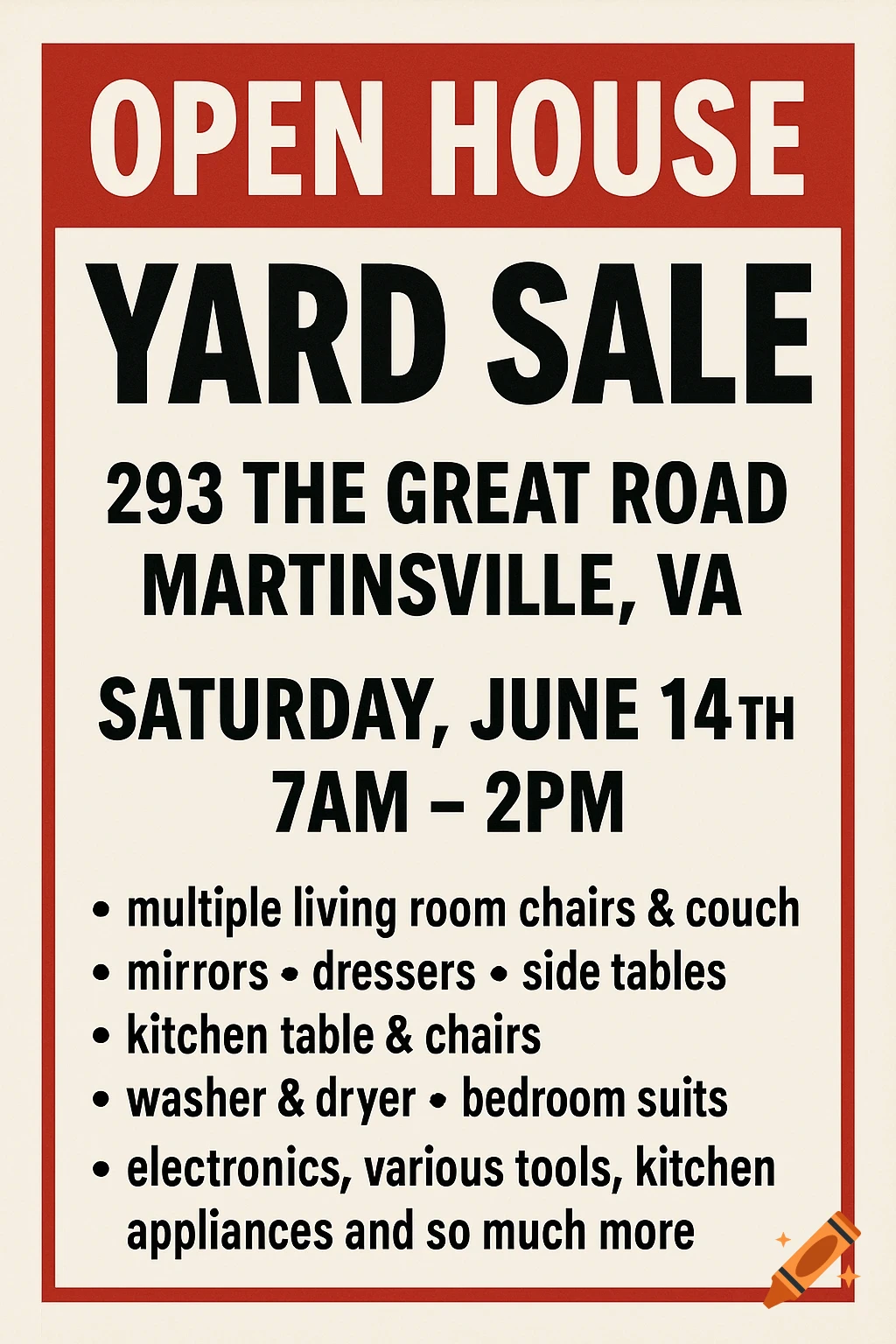 Flyer for an open house yard sale with text details