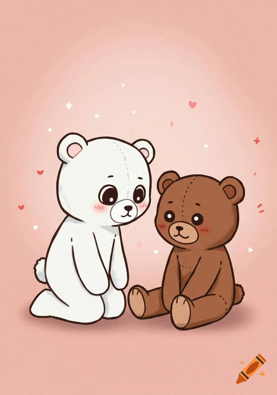 Cartoon white teddy bear kneeling in front of a brown teddy bear on a pink background with hearts.