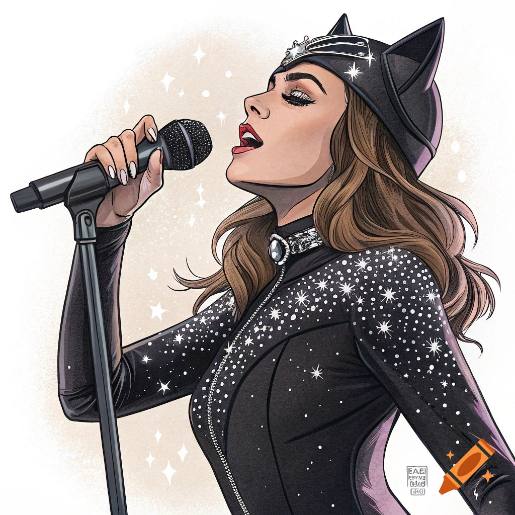 Graphic novel drawing of a singer in a sparkly black cat suit and cat ear headband, singing into a microphone.