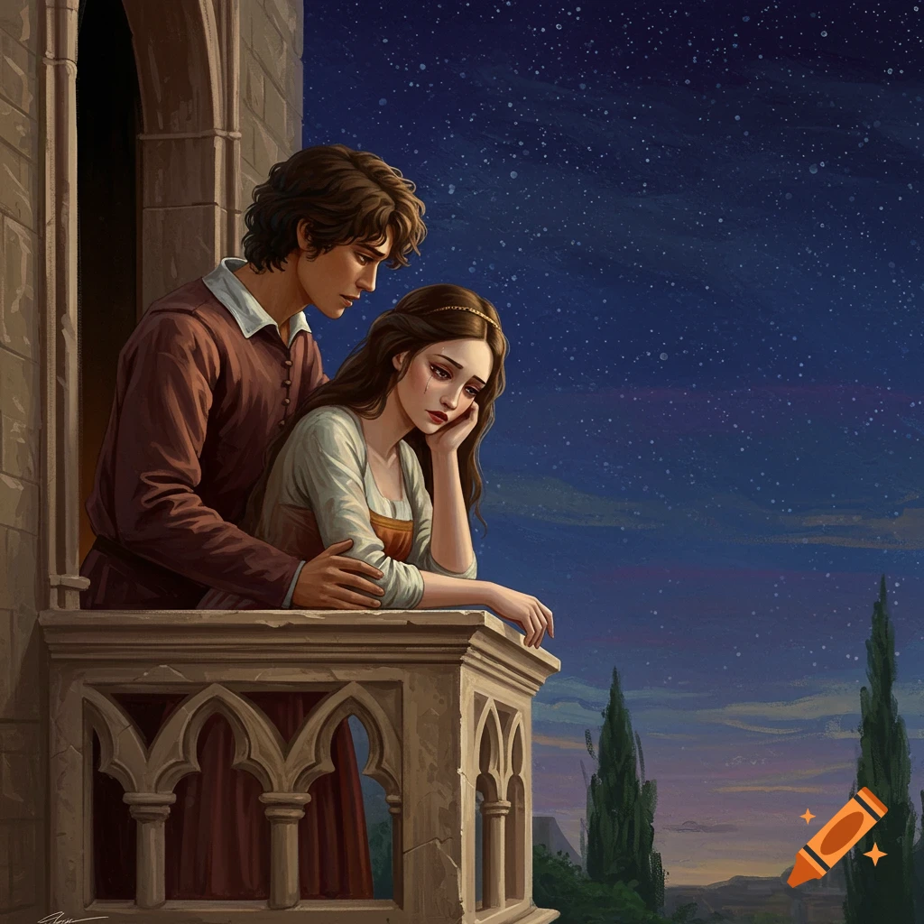 An illustration of Romeo and Juliet on a balcony at night, Juliet looking sad.