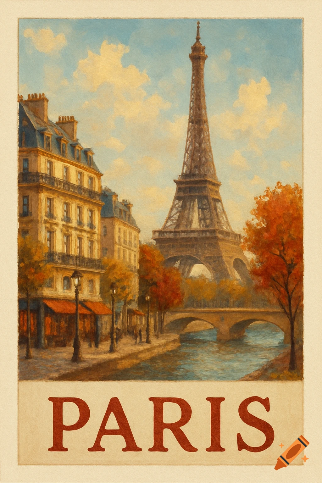 Painting of the Eiffel Tower, buildings, and river in Paris with autumn trees and the word PARIS at the bottom.