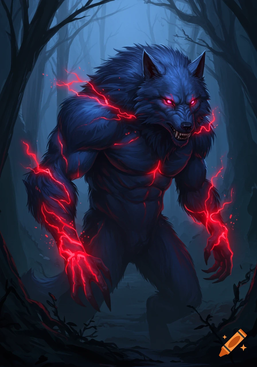 A blue-furred werewolf with red glowing eyes and electricity stands in a dark forest.
