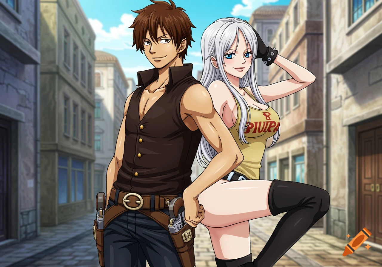 Anime image of a man and woman standing back to back in a city street.