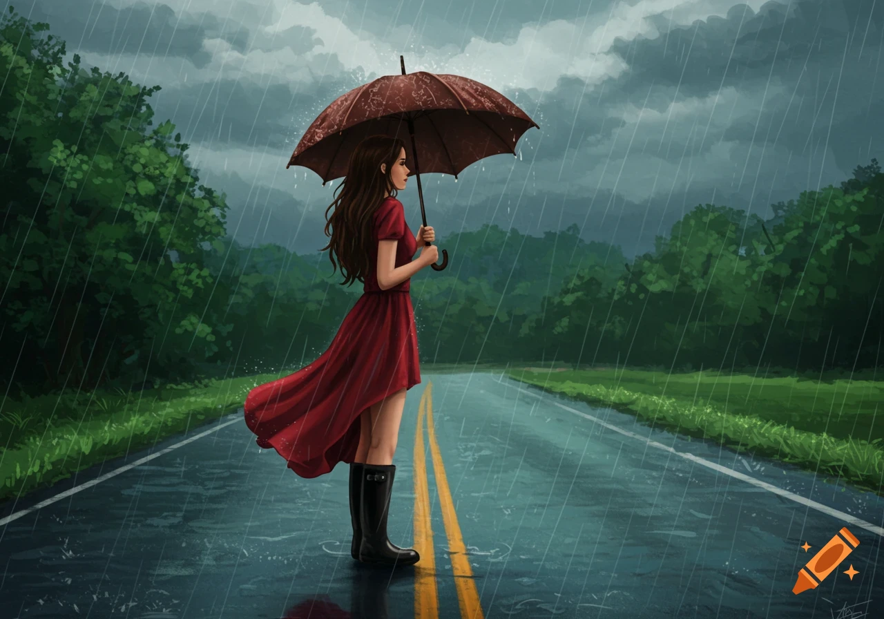 Digital painting of a woman in a red dress with an umbrella standing on a road in the rain.