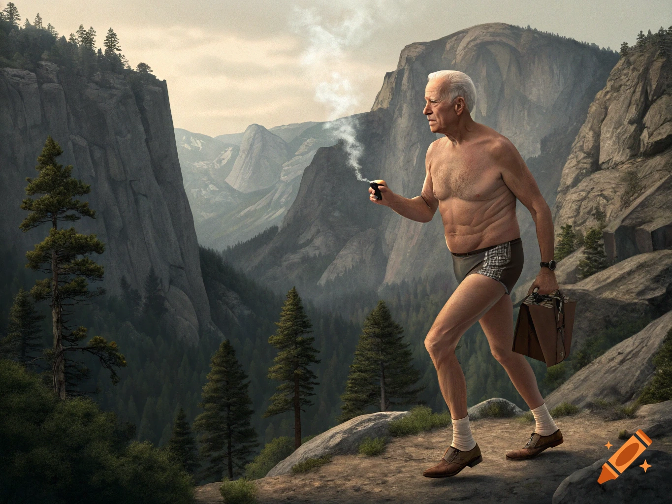 Joe Biden walks shirtless in underwear on a mountain trail, holding a smoking vape and a briefcase, with a vast valley landscape behind him.