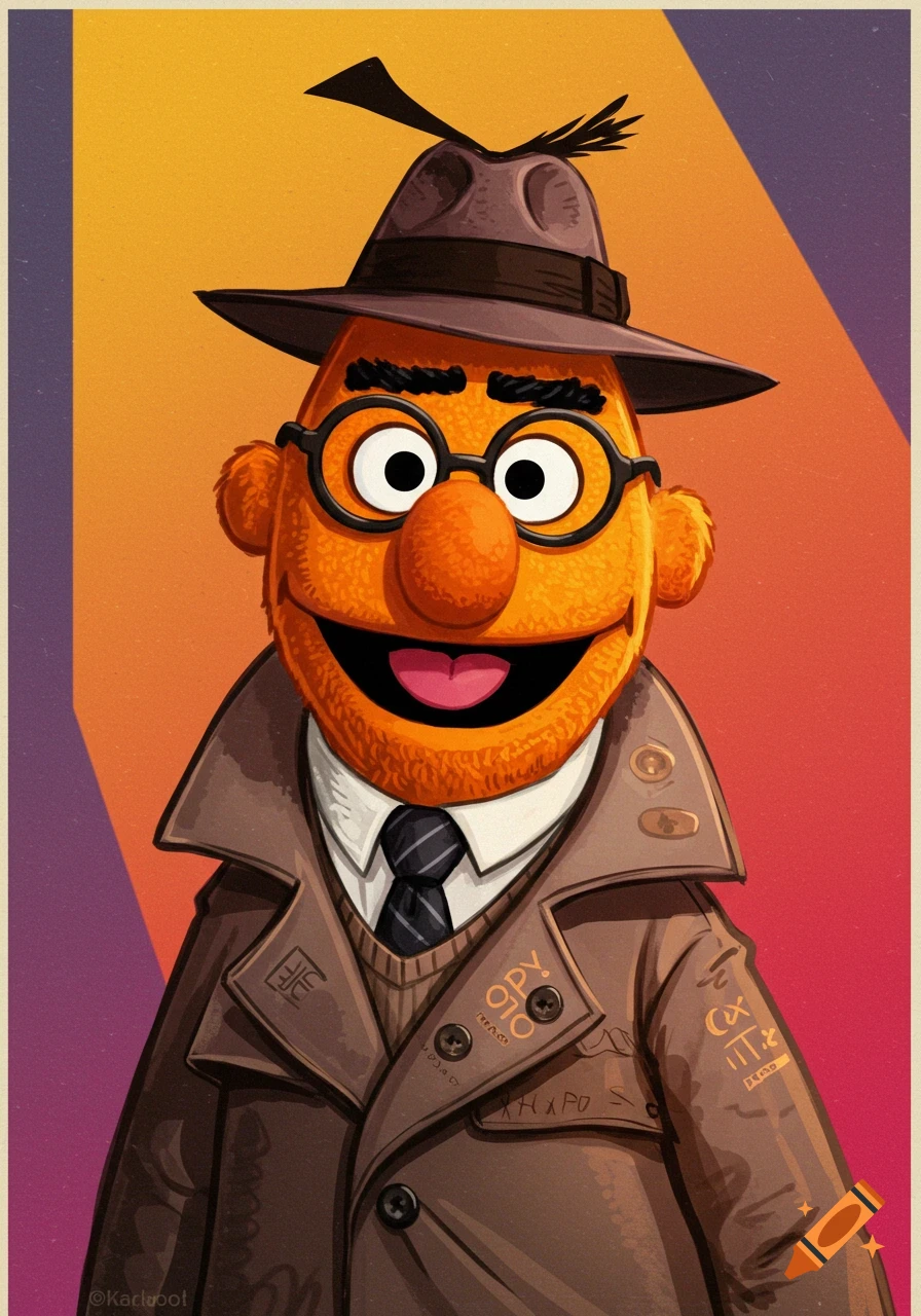 Illustration of Bert from Sesame Street dressed as a spy in a trench coat, hat, and glasses.