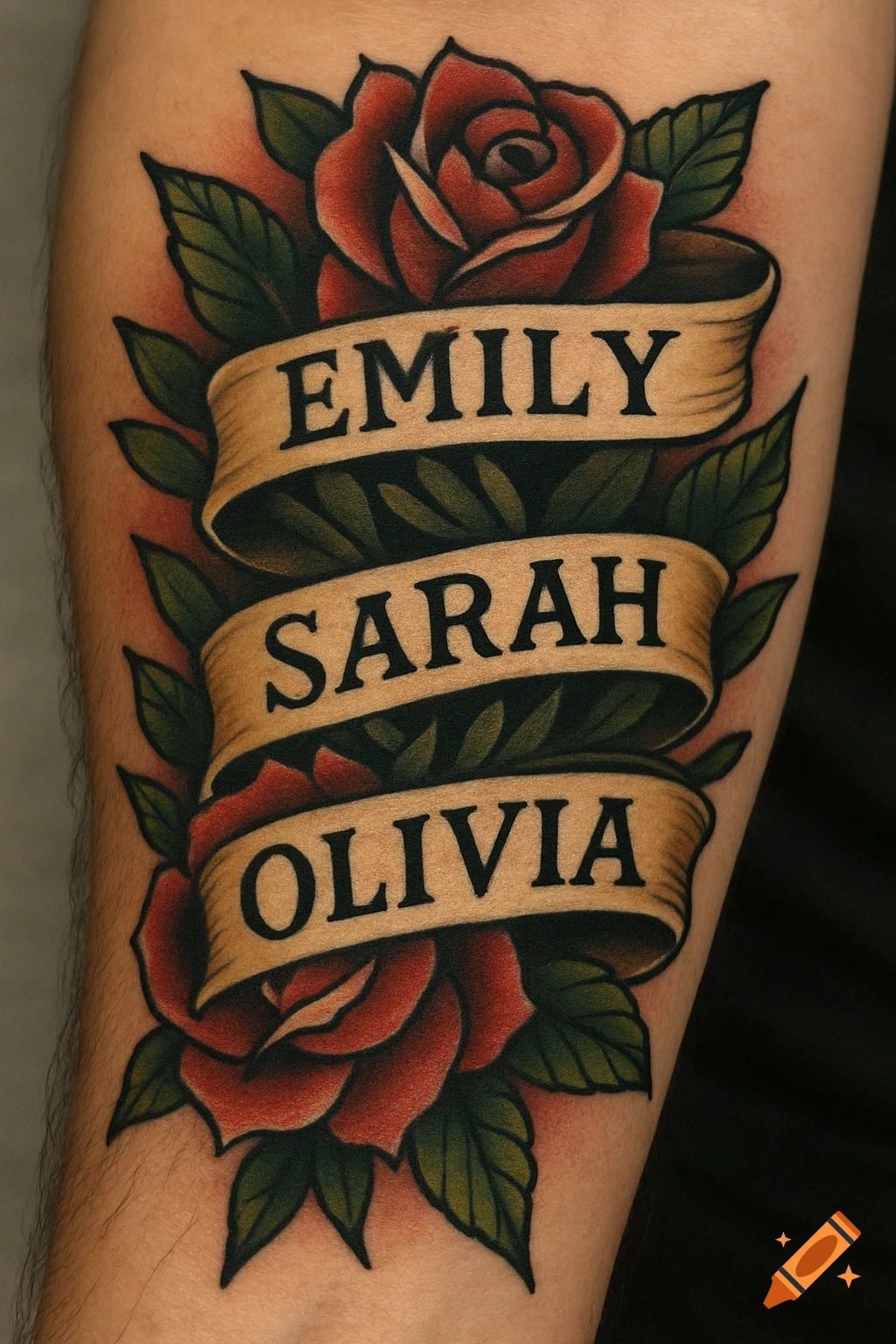 Forearm tattoo of roses and banners with the names Emily, Sarah, and Olivia.