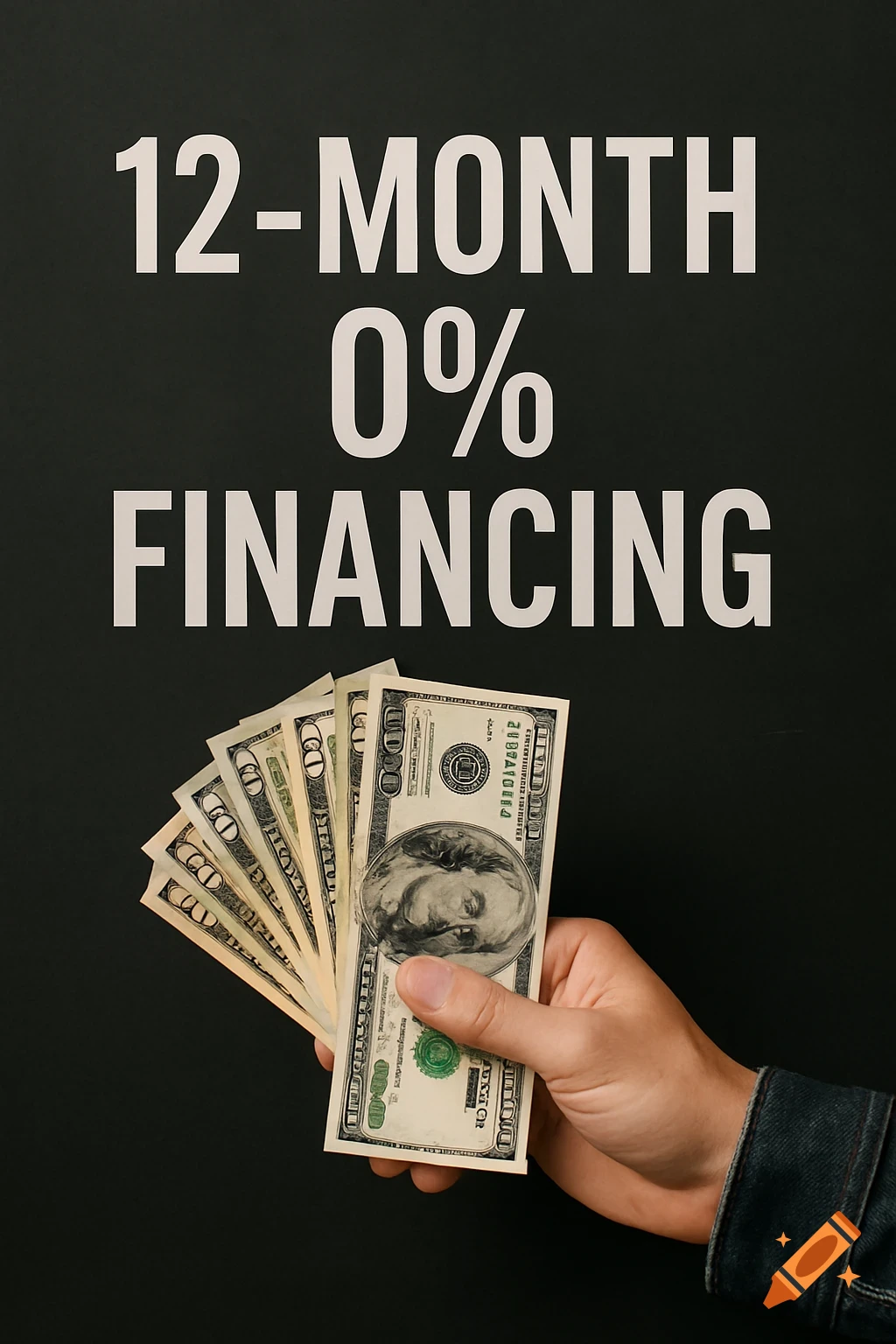 Hand holds US dollar bills in front of text '12-MONTH 0% FINANCING' on black background.