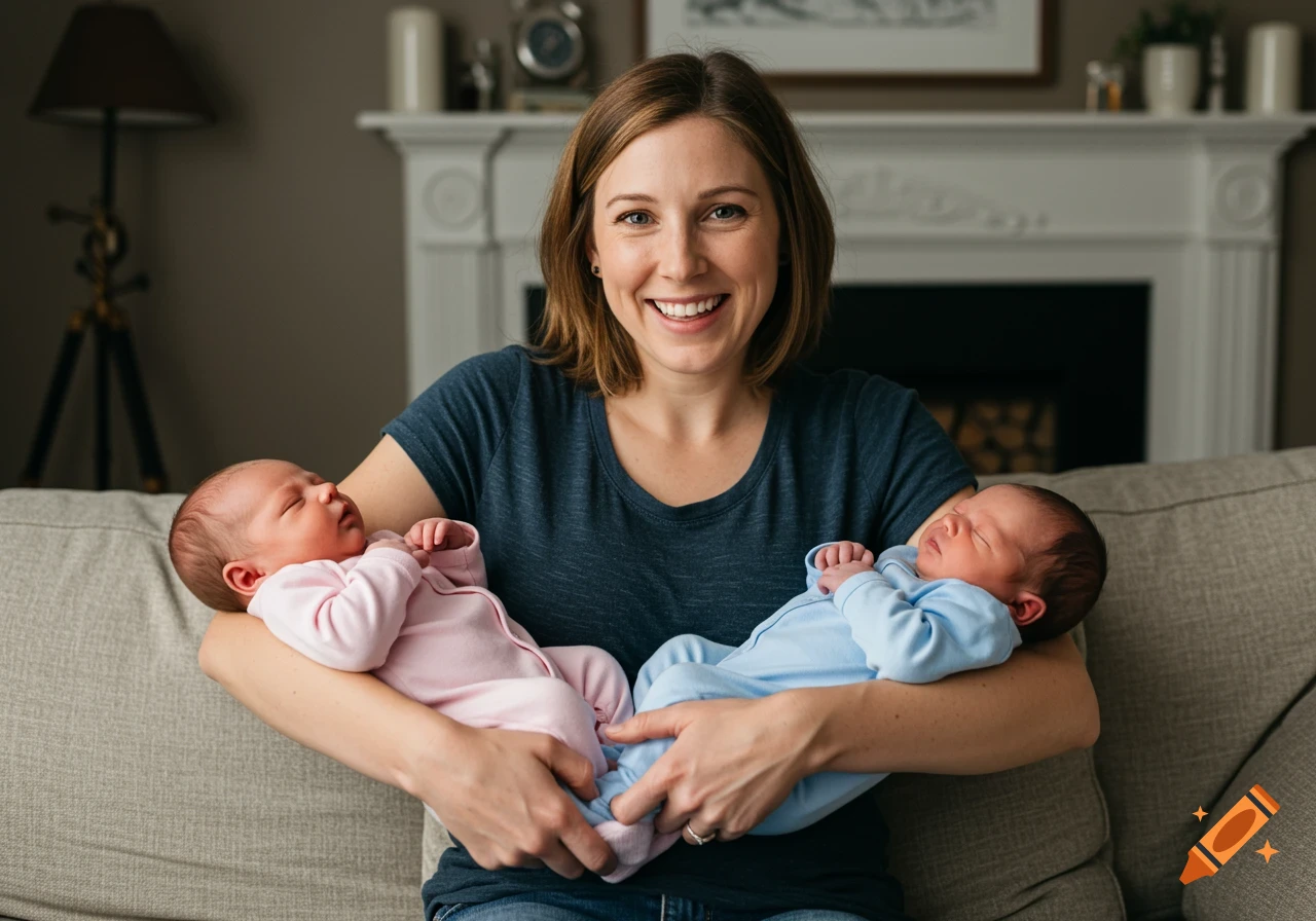 Woman holds two newborn babies in a cozy home, one in pink, one in blue.
