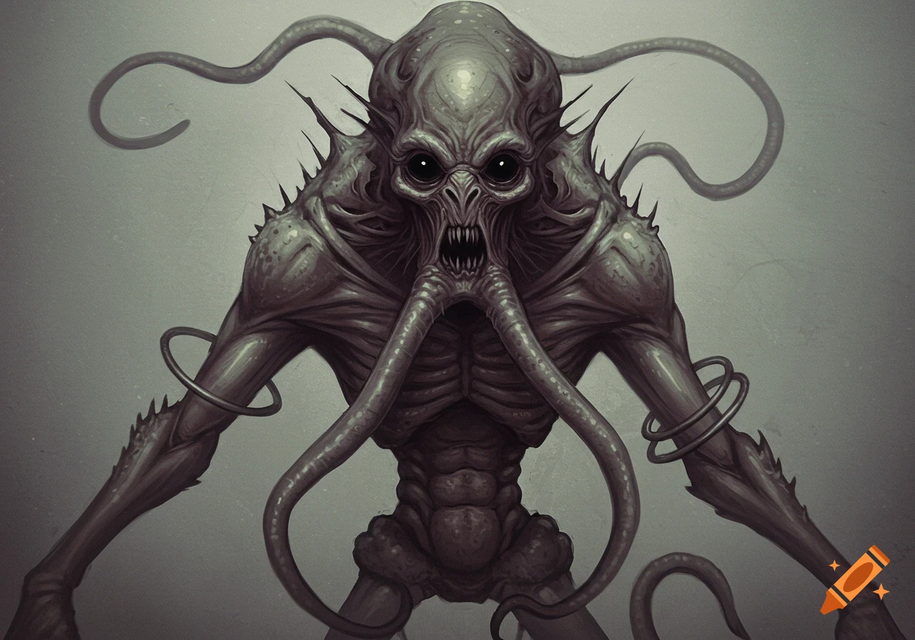 A scary, creepy alien creature with tentacles for arms, spikes, and dark eyes.