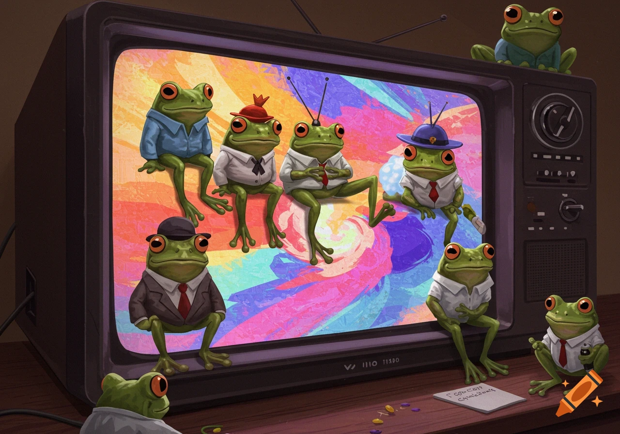 Anthropomorphic frogs watch an old television set.