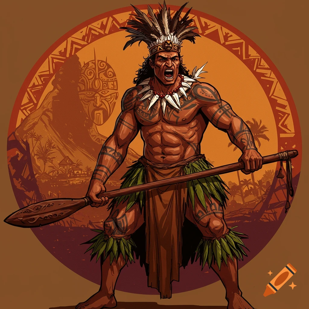 Stylized illustration of a muscular Niuean warrior in traditional attire with feather headdress and spear, shouting.