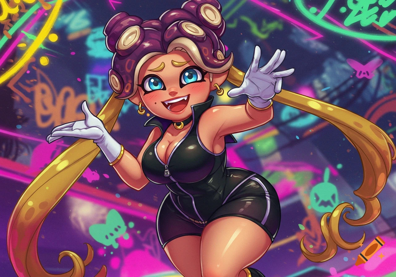 Anime style character in a black outfit and gloves posing against a neon graffiti background.