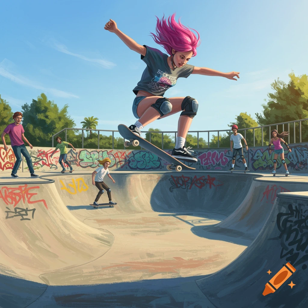 Teenager with pink hair does a trick on a skateboard at a skatepark