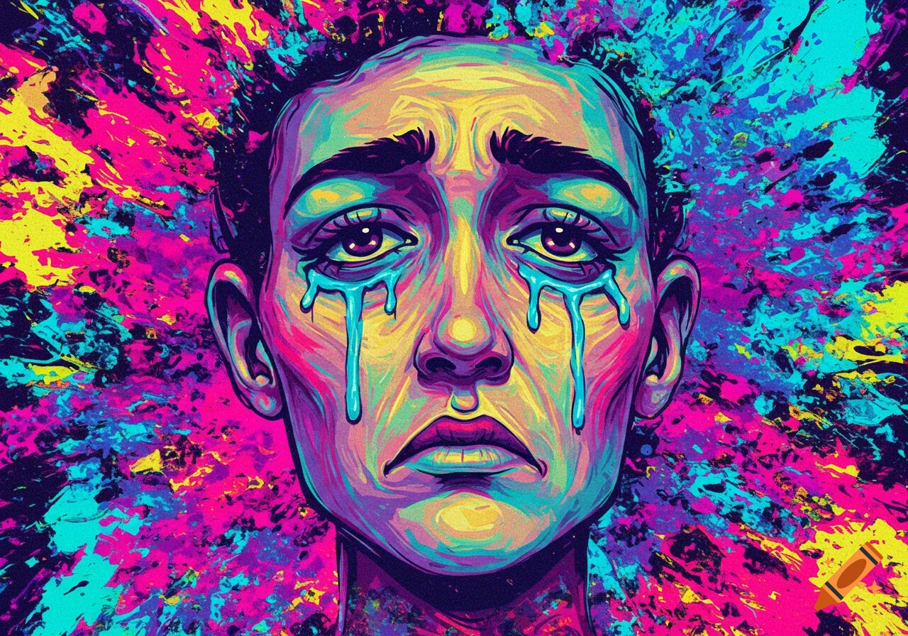Close-up acid art portrait of a sad face crying, with bright neon paint splashes.