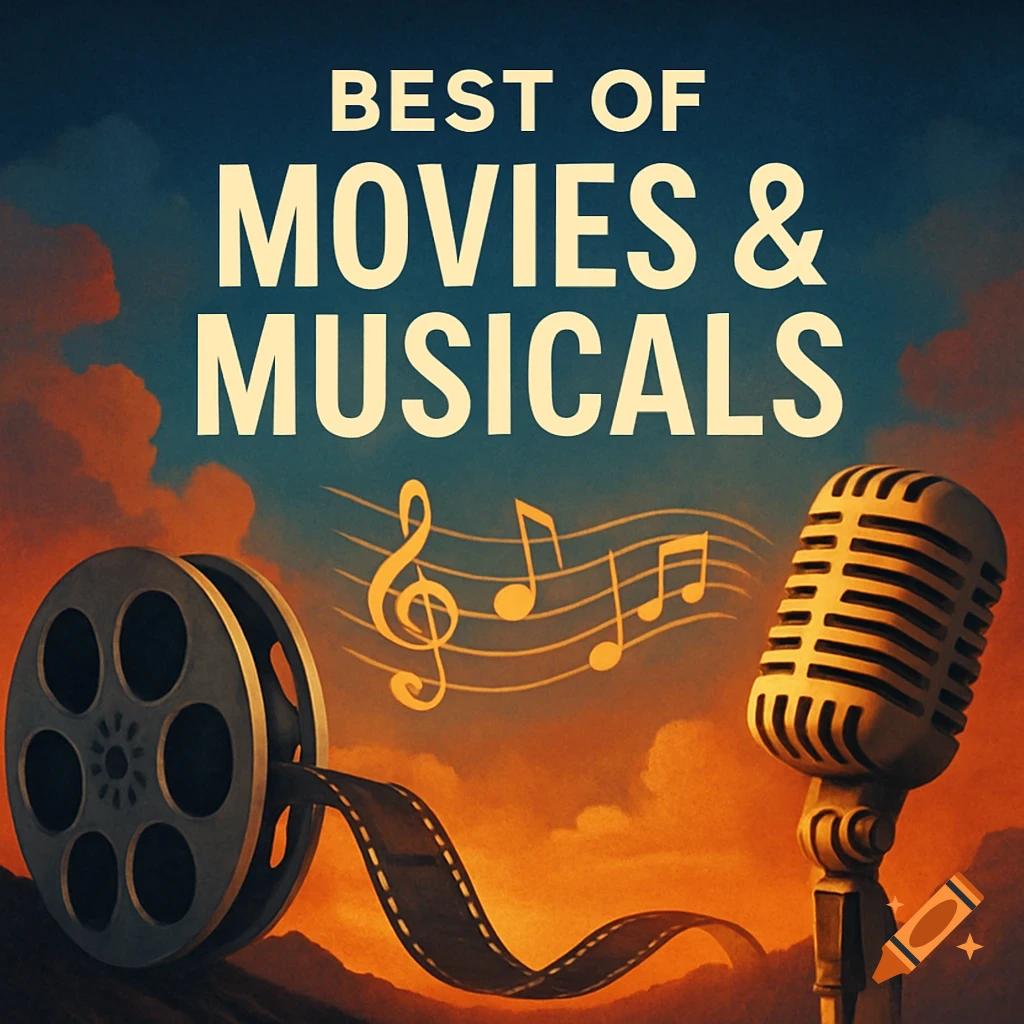 Cover art for 'Best of Movies & Musicals' playlist with a film reel, microphone, and musical notes.
