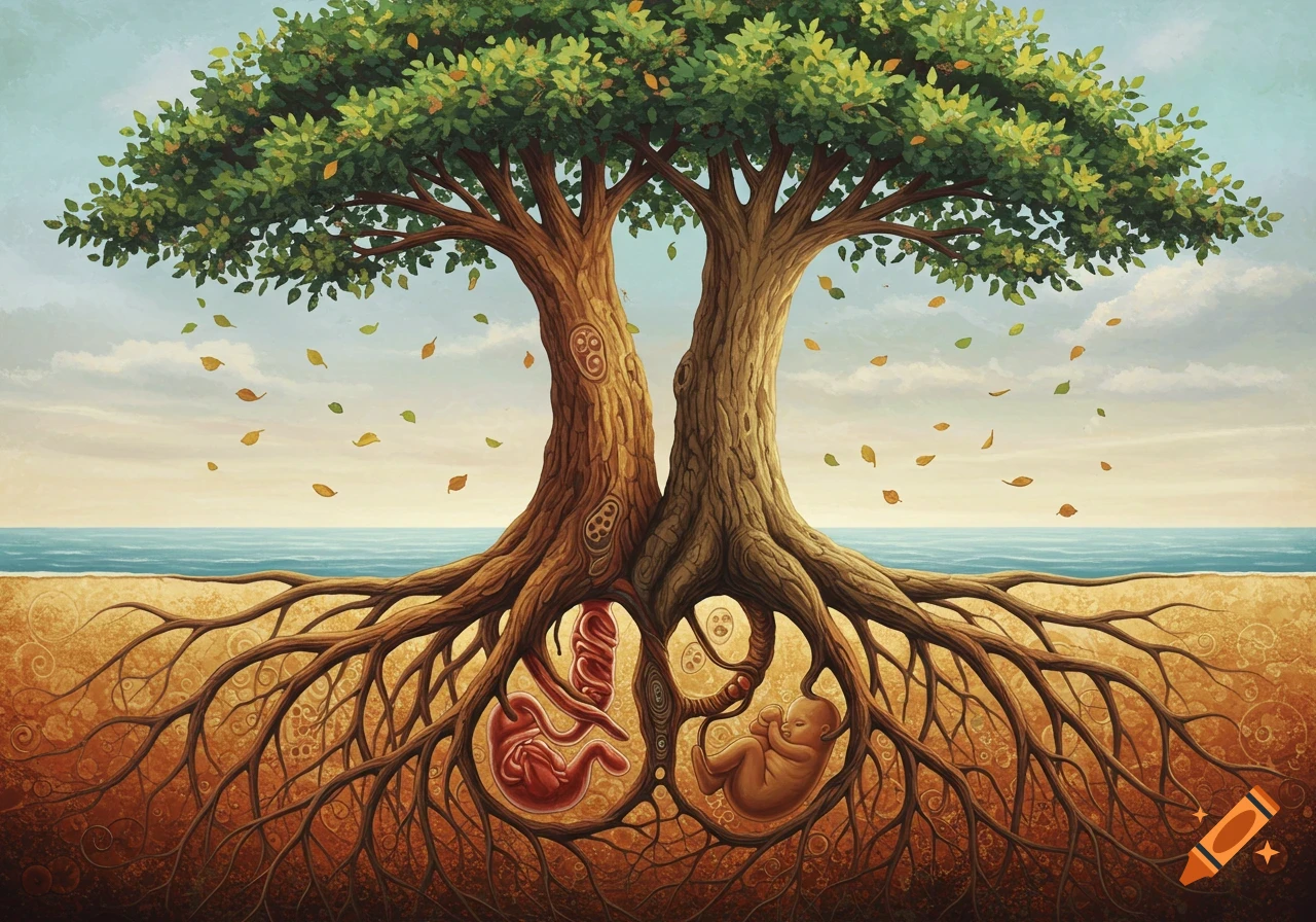 Two trees with intertwined roots forming a placenta shape containing fetal forms, standing near an ocean under a cloudy sky, painterly style.