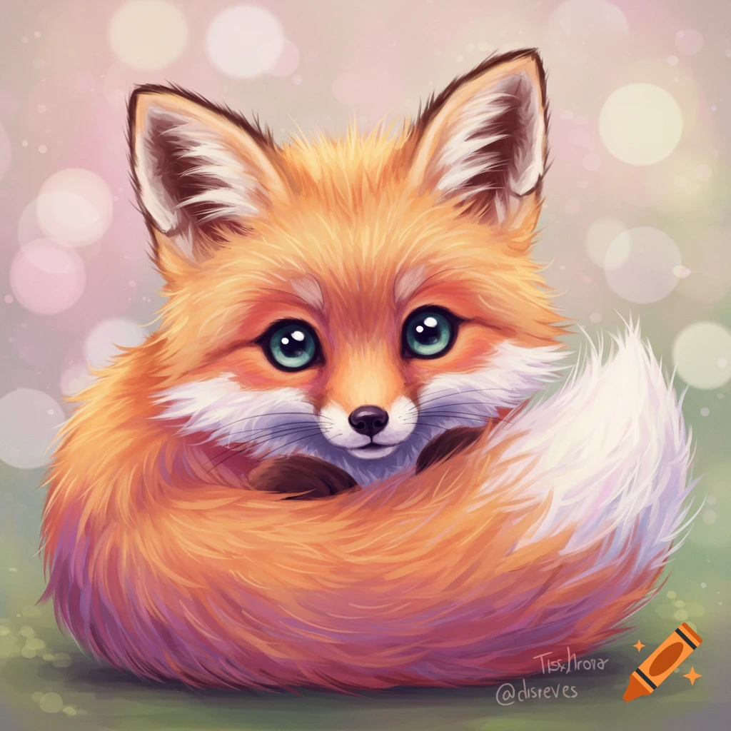 A cute cartoon fox curled up with large green eyes against a bokeh background.