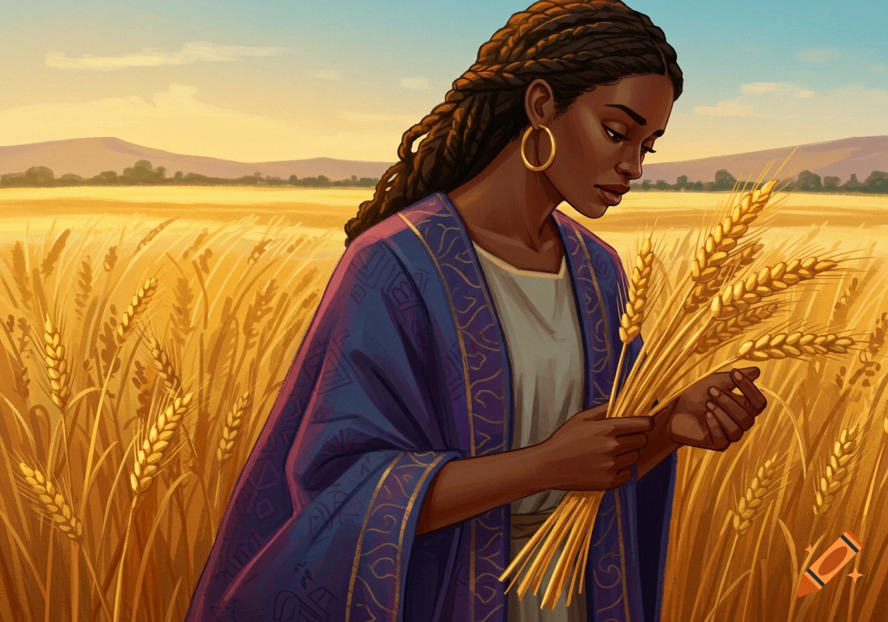Illustration of a woman with braided hair in a wheat field, holding stalks of wheat.