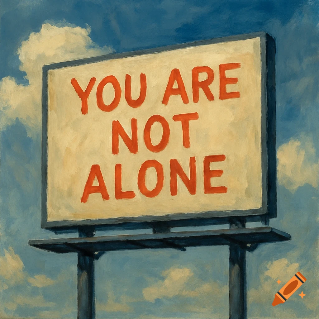 A painting of a billboard with the text 'YOU ARE NOT ALONE' against a cloudy blue sky.