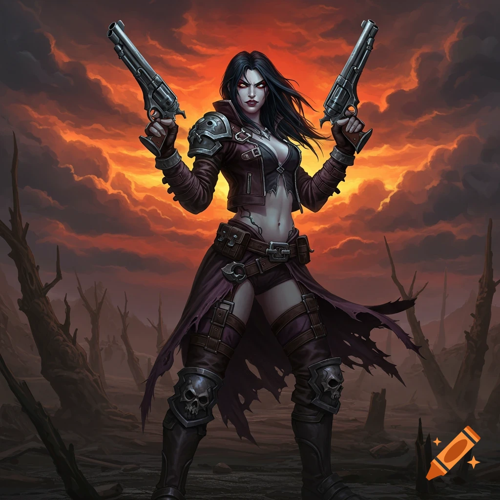 Female fantasy character with revolvers in a dark wasteland setting.
