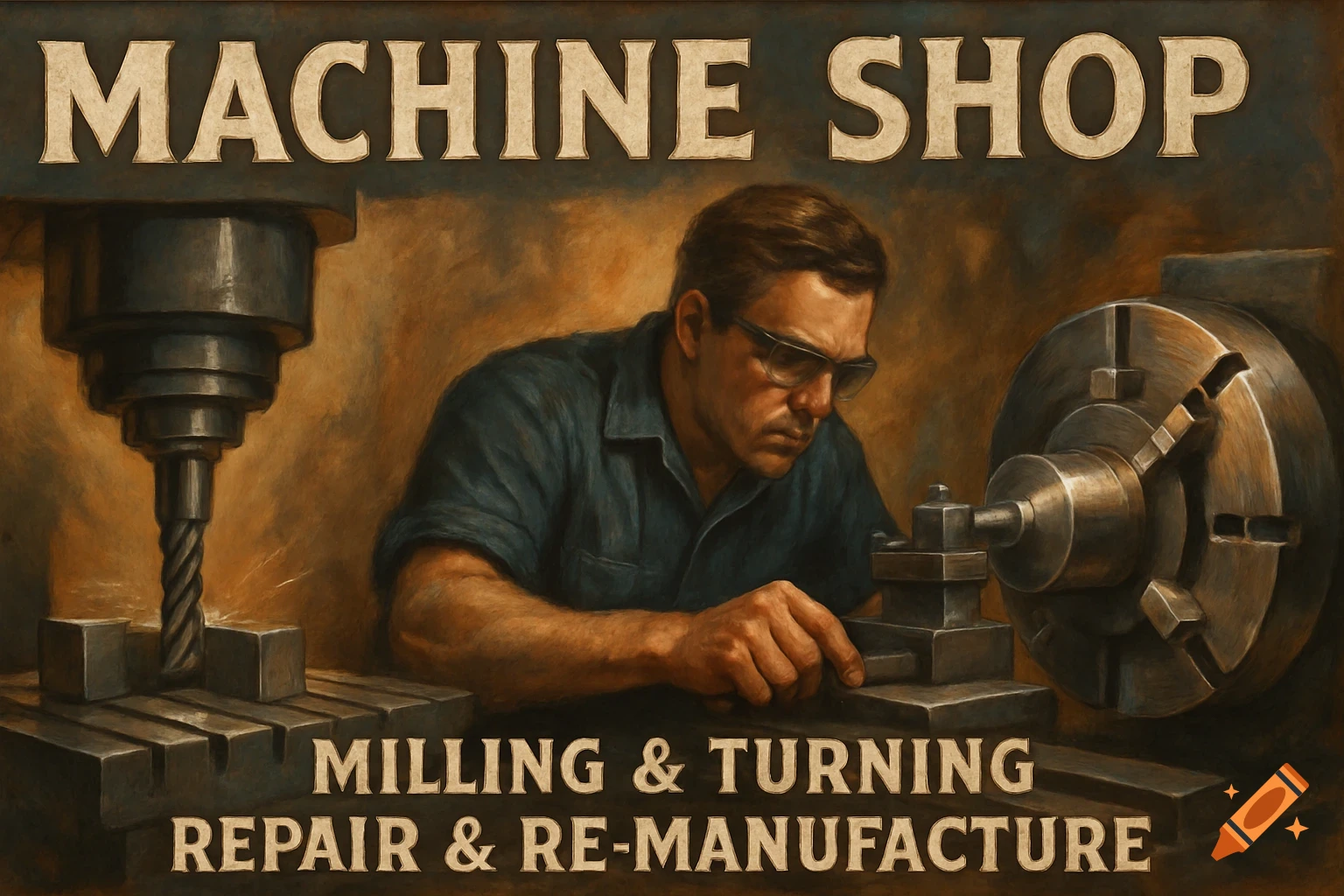 Painted image of a man working at a machine in a machine shop with signage.